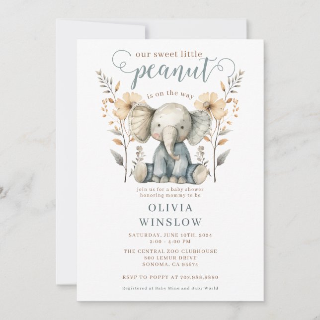 Invitation Petit Baby shower éléphant Bébé bleu arachide (Devant)