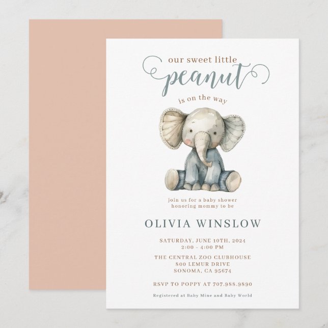 Invitation Petit Baby shower éléphant bébé cacahuète (Devant / Derrière)