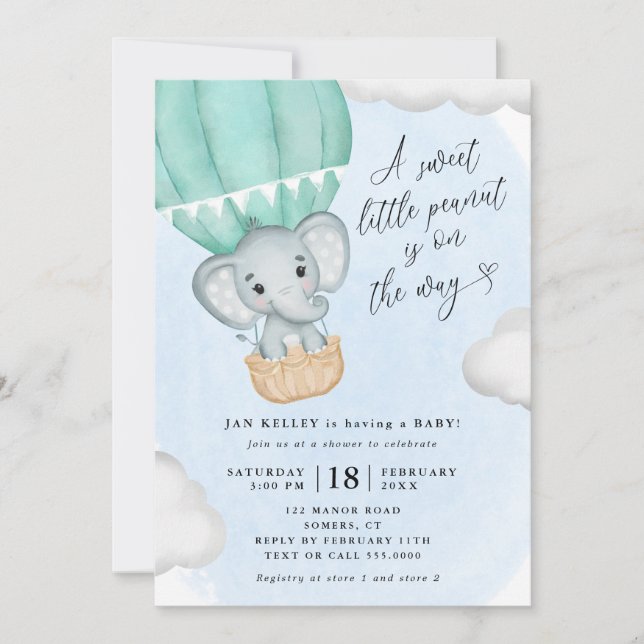 Invitation Petit Baby shower éléphant vert d'arachide (Devant)