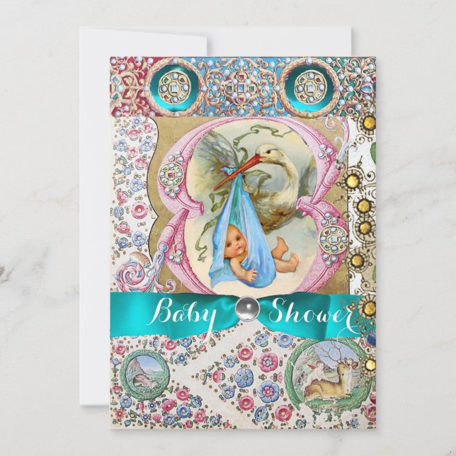 INVITATION PETIT BABY SHOWER EN STORK PRINCE, PIERRES FLORALE (Devant)