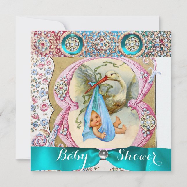 INVITATION PETIT BABY SHOWER EN STORK PRINCE, PIERRES FLORALE (Devant)