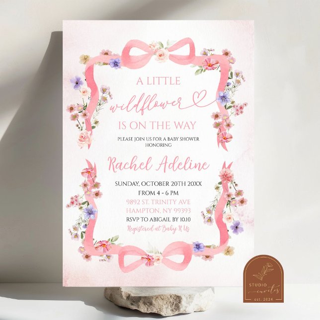 Invitation Petit Baby shower Fleur sauvage de Bow rose (Créateur téléchargé)