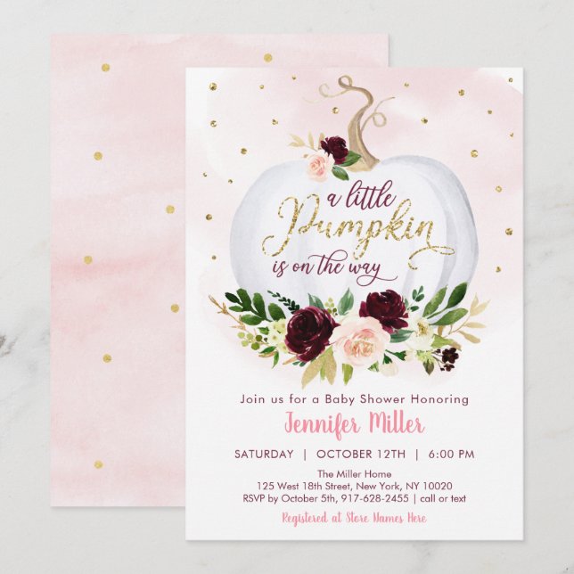 Invitation Petit Baby shower Floral de Bourgogne Citrouille (Devant / Derrière)