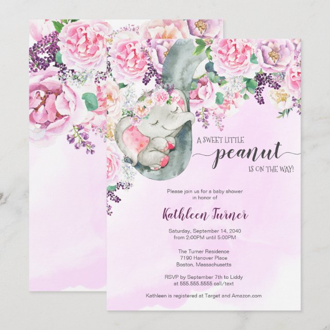 Invitation Petit Baby shower Floral d'éléphant dormant d'arac (Devant / Derrière)