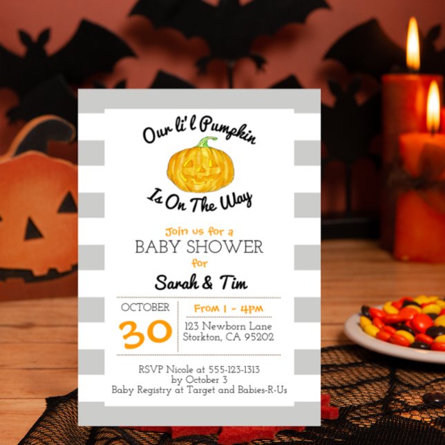 Invitation Petit Baby shower gris Citrouille et orange (Créateur téléchargé)