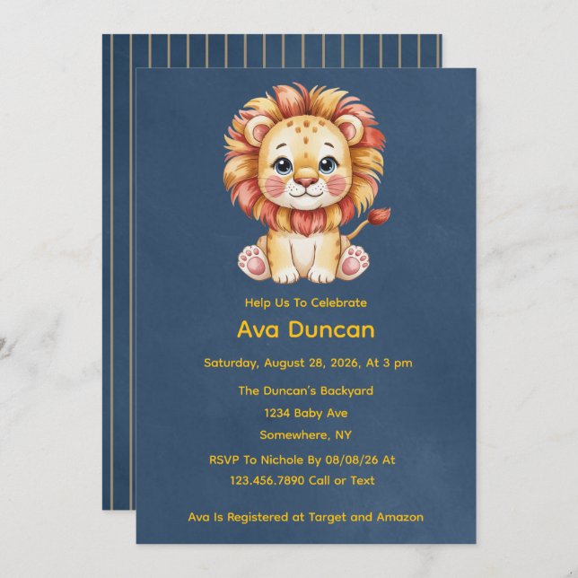 Invitation Petit Baby shower Lion Boy (Devant / Derrière)