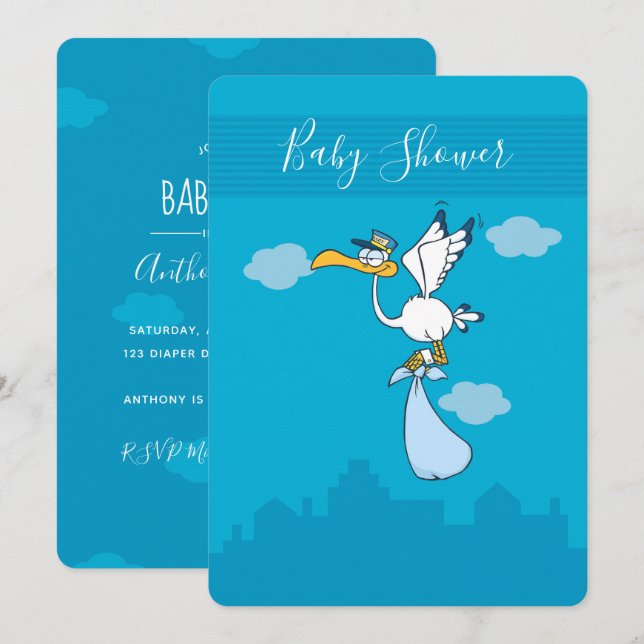 Invitation Petit Baby shower mignon Caricature de cigogne Inv (Devant / Derrière)