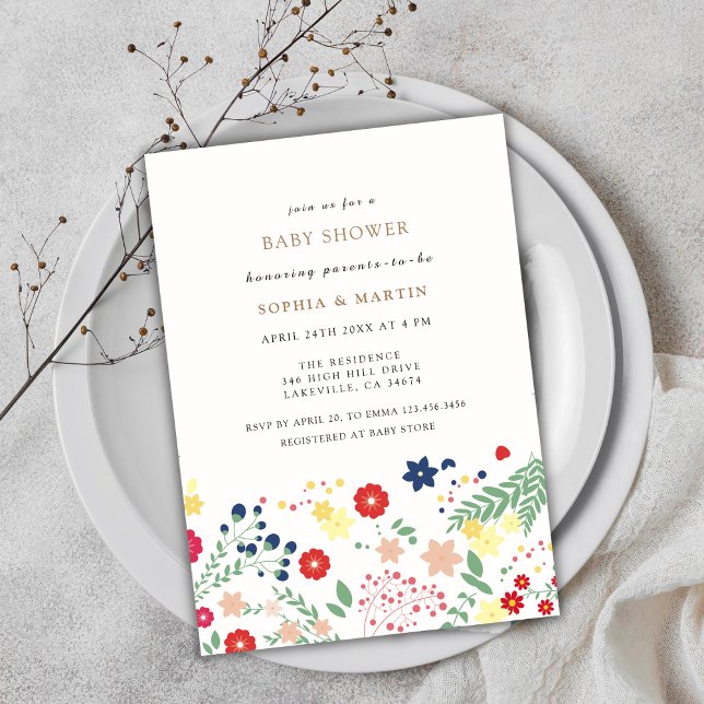 Invitation Petit Baby shower Motif Fleur sauvage (Little Wildflower Pattern Baby Shower Invitation)