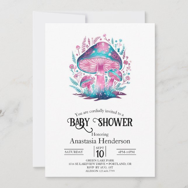 Invitation Petit Baby shower mystique de champignons (Devant)