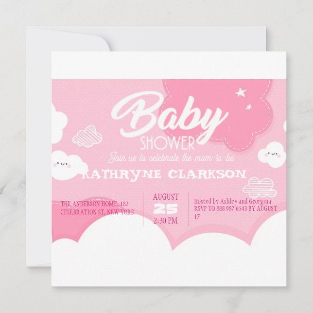 Invitation Petit Baby shower nuageux rose (Devant)