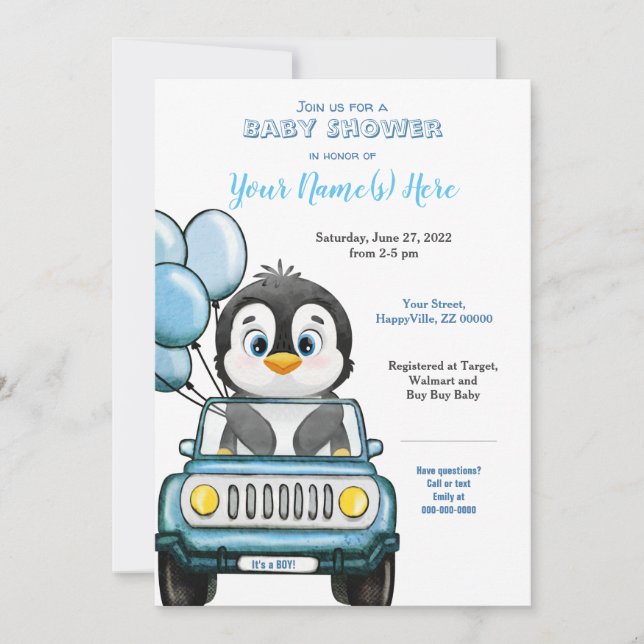 Invitation Petit Baby shower Penguin dans l'invitation voitur (Devant)