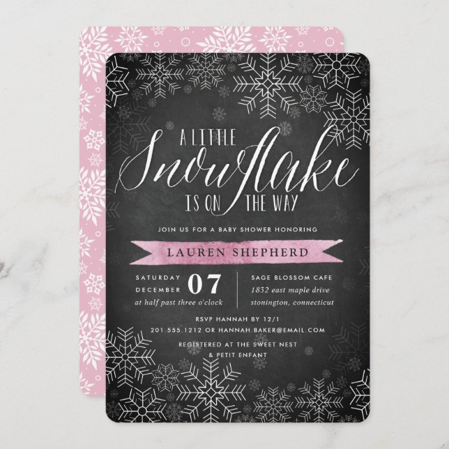 Invitation Petit Baby shower Pink Snowflake Chalkboard (Devant / Derrière)