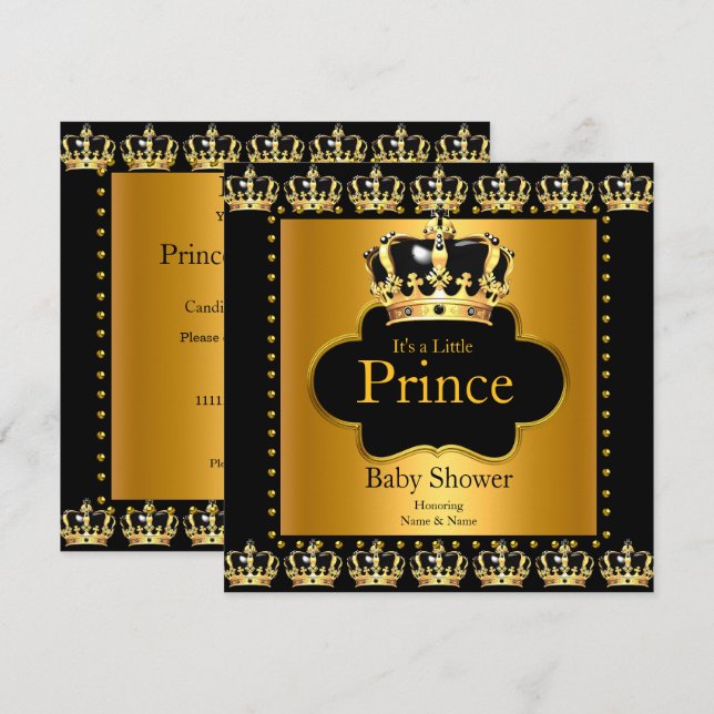 Invitation Petit Baby shower Prince Boy Couronne Black Gold (Devant / Derrière)