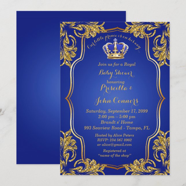 Invitation Petit Baby shower Prince Invitation, or, bleu (Devant / Derrière)