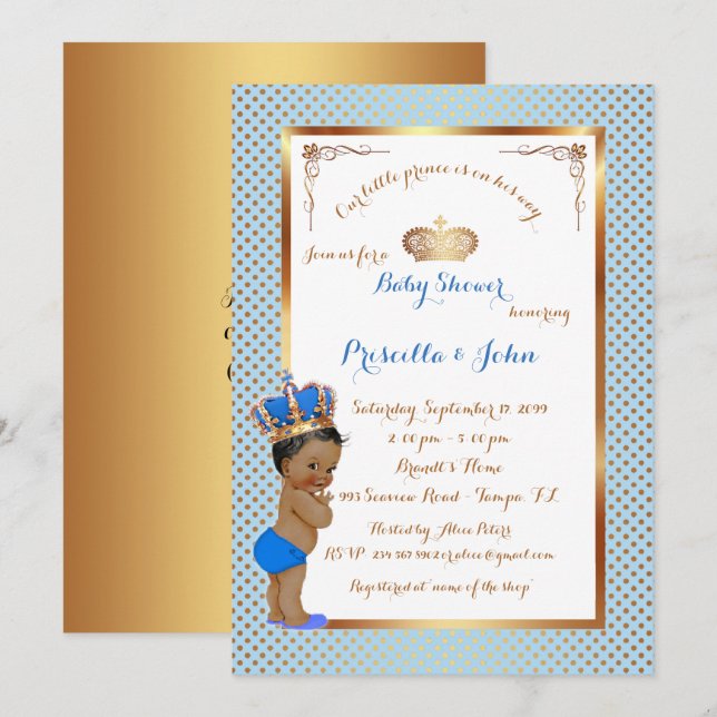 Invitation Petit Baby shower Prince Invitation, or rose (Devant / Derrière)