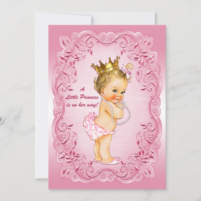 Invitation Petit Baby shower Princess Gold Couronne rose (Devant)