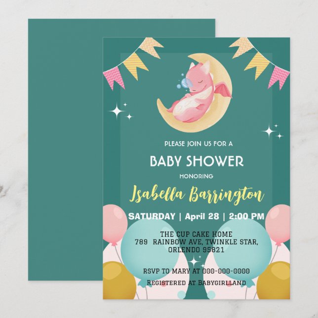 Invitation Petit bébé dragon dinosaure ballon fille baby show (Devant / Derrière)