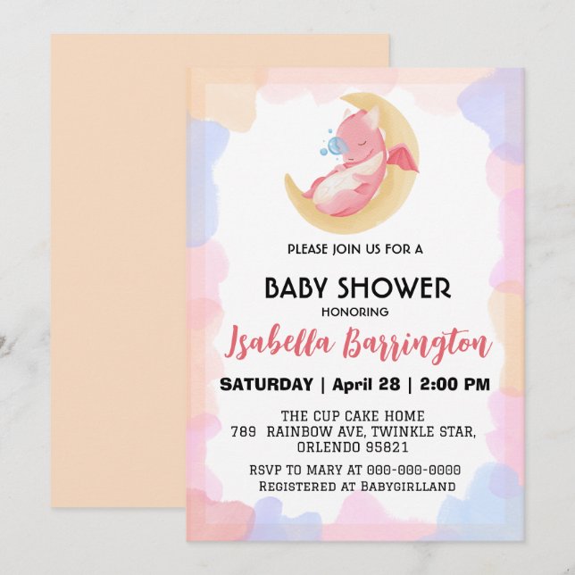 Invitation Petit bébé dragon dinosaure ballon fille baby show (Devant / Derrière)
