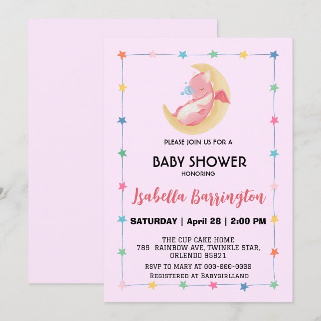 Invitation Petit bébé dragon dinosaure ballon fille baby show (Devant / Derrière)