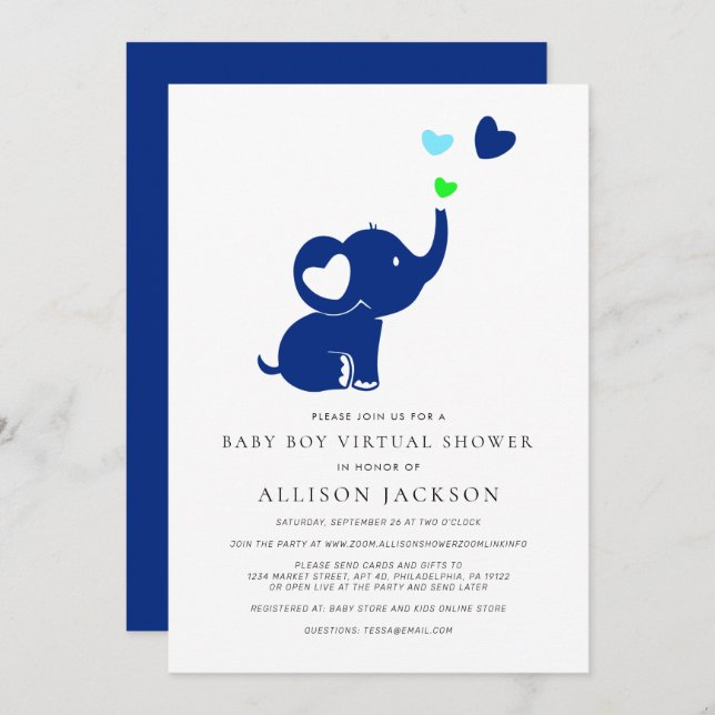 Invitation Petit bébé garçon douche virtuelle Blue Elephant (Devant / Derrière)