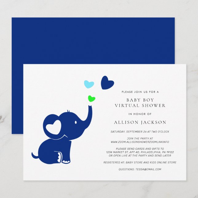 Invitation Petit bébé garçon Douche virtuelle mignonne Blue E (Devant / Derrière)