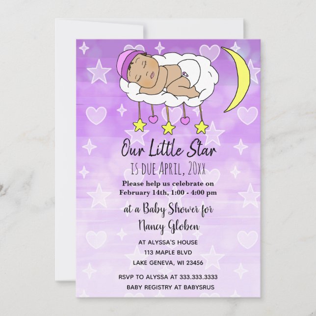 Invitation Petit bébé hispanique doux étoiles et lunes filles (Devant)