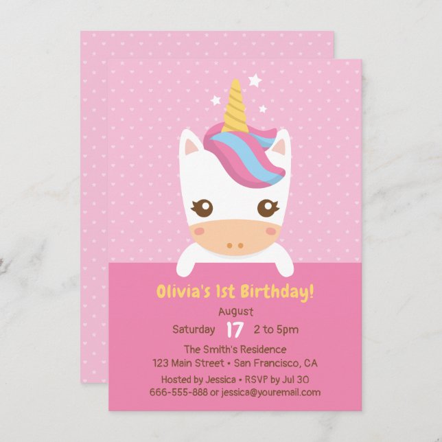 Invitation Petit Bébé mignon Unicorn Premier anniversaire fêt (Devant / Derrière)