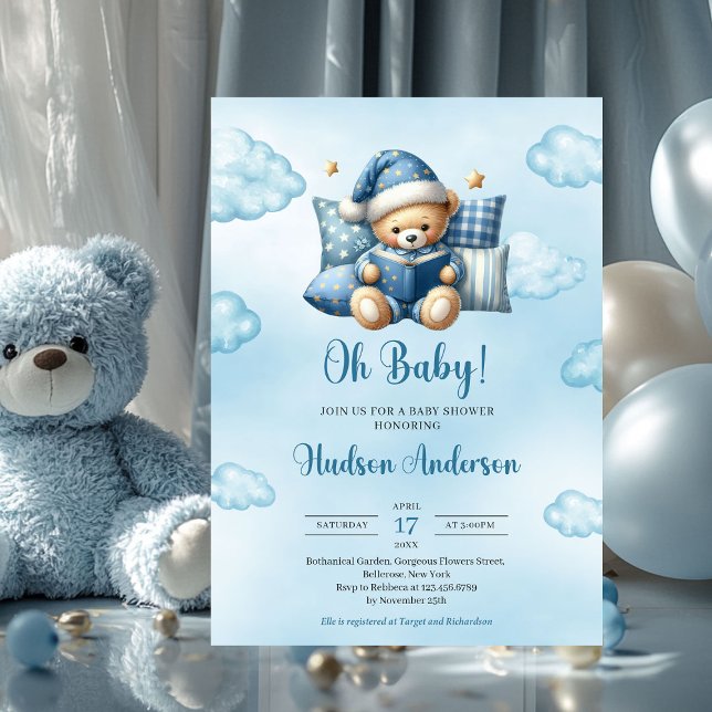 Invitation Petit bébé ours lisant un livre garçon Baby shower (cute teddy bear reading a book oh baby boy baby shower invitation)