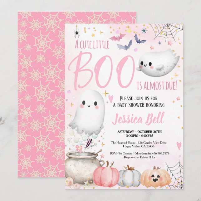 Invitation Petit Boo Halloween Baby shower fille rose (Devant / Derrière)