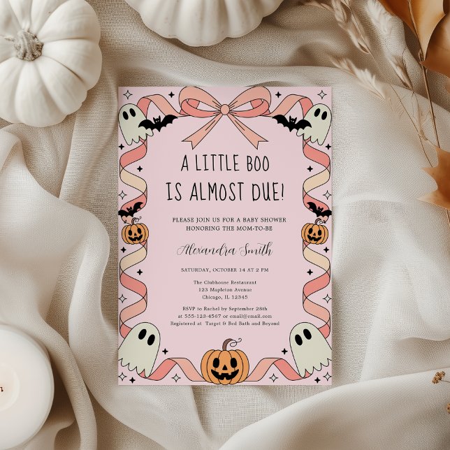 Invitation Petit Boo Halloween Coquette Baby shower (Little Boo Halloween Coquette Ribbon Baby Shower – Spooky Cute Ghost & Pink Bow Girl Show)
