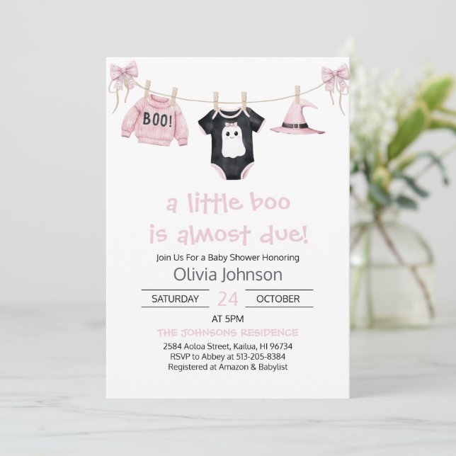 Invitation Petit Boo rose Halloween Baby shower de vêtements  (Debout devant)