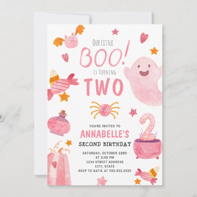 Invitation Petit Boo rose Halloween Deuxième anniversaire (Devant)