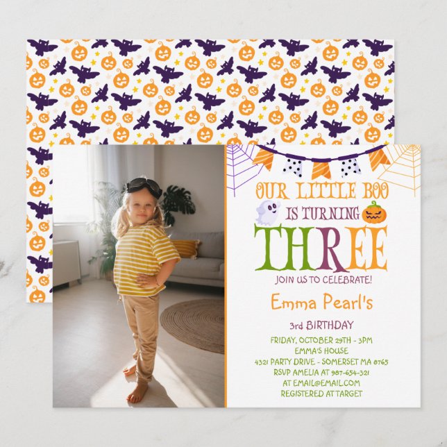 Invitation Petit Boo Turin Trois Boo Photo Troisième Annivers (Devant / Derrière)
