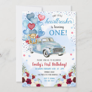 Invitation Petit brise-coeur Bleu Camion Ours Anniversaire