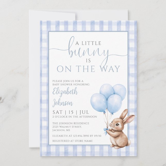 Invitation Petit Bunny Baby shower bleu photo QR Code (Devant)