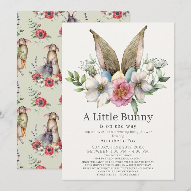 Invitation Petit Bunny Ear Floral Green Baby shower Drive-by (Devant / Derrière)