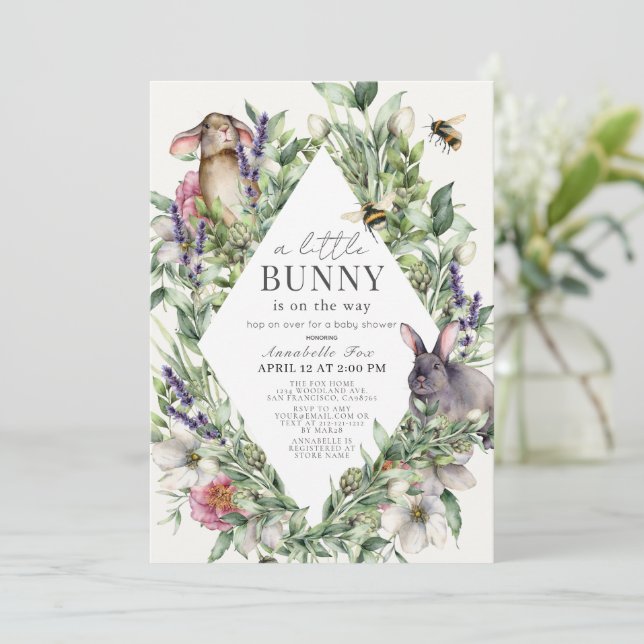 Invitation Petit Bunny Green Baby shower Rhombus (Debout devant)