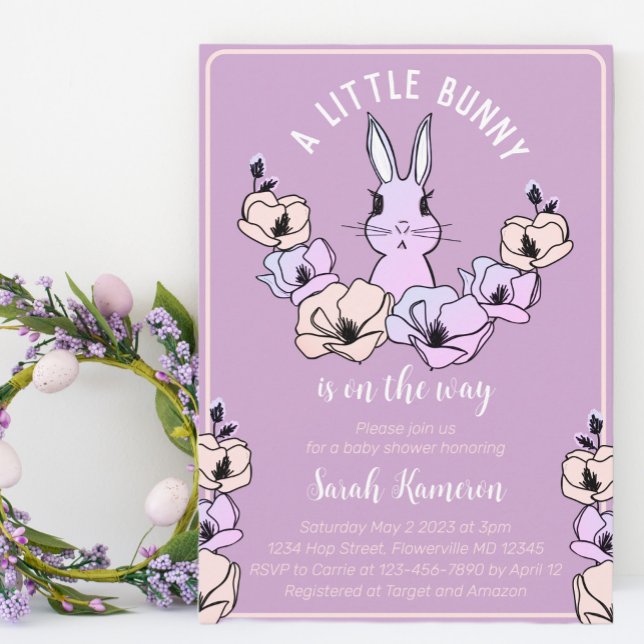 Invitation Petit Bunny mignon Baby shower Floral pourpre (Créateur téléchargé)