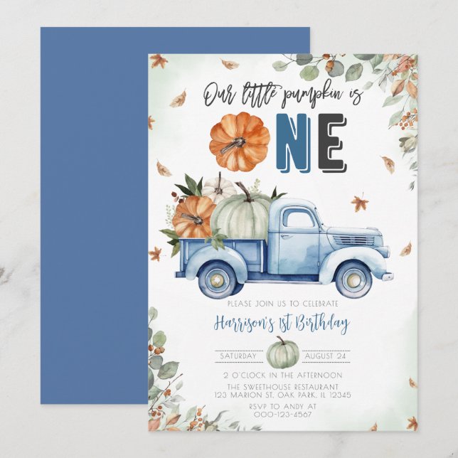 Invitation Petit Camion bleu Citrouille Premier anniversaire (Devant / Derrière)