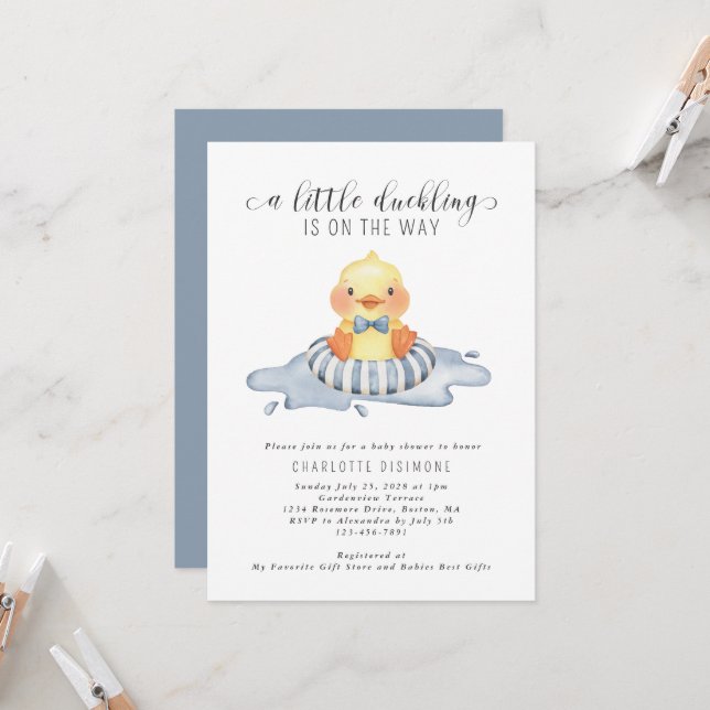 Invitation Petit Canard Sur Le Chemin Baby shower Bleu (Devant/Arrière en situation)