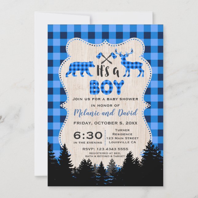 Invitation Petit Chasseur de bûcheron Baby shower bleu plaid (Devant)