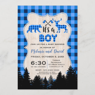 Invitation Petit Chasseur de bûcheron Baby shower bleu plaid
