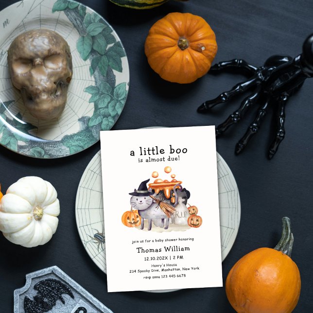 Invitation Petit Chat De Boo En Sorcière Casquette Baby showe (Little Boo Cat In Hat Witch Brewing Baby Shower Invitation)