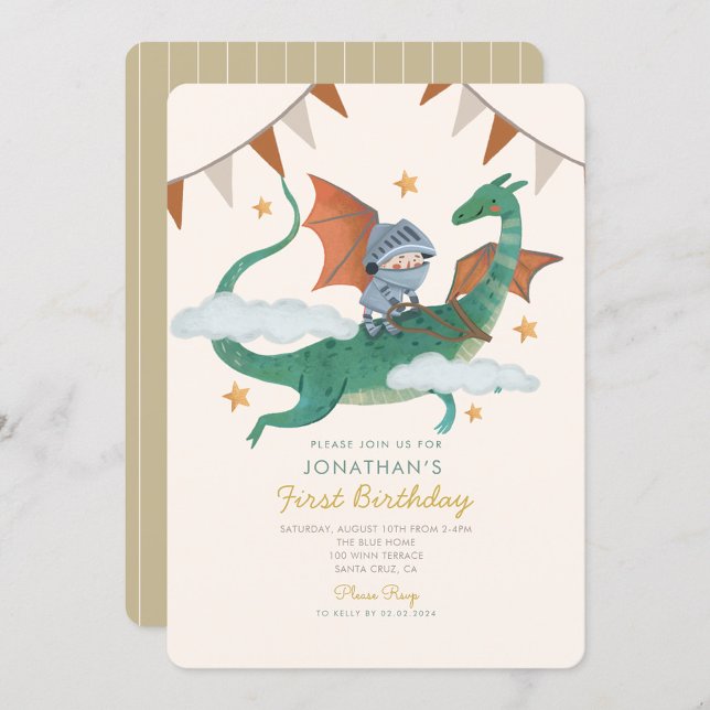 Invitation Petit chevalier avec Dragon Premier anniversaire (Créateur téléchargé)