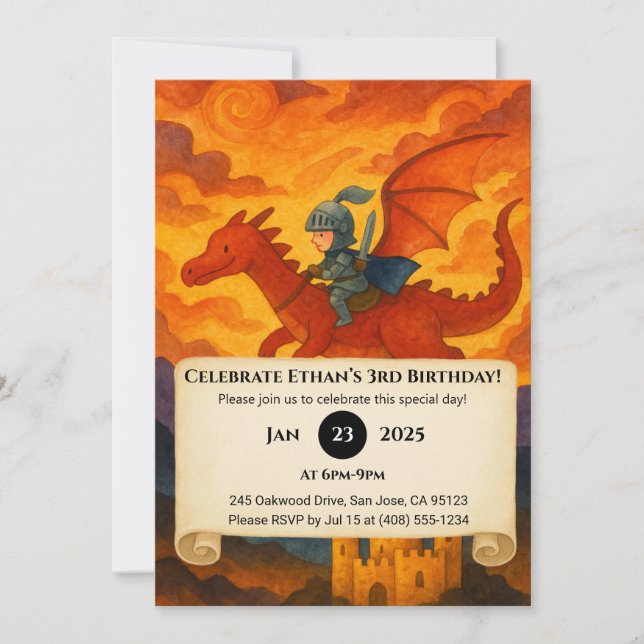 Invitation Petit Chevalier chevauchant un Dragon Rouge Annive (Devant)