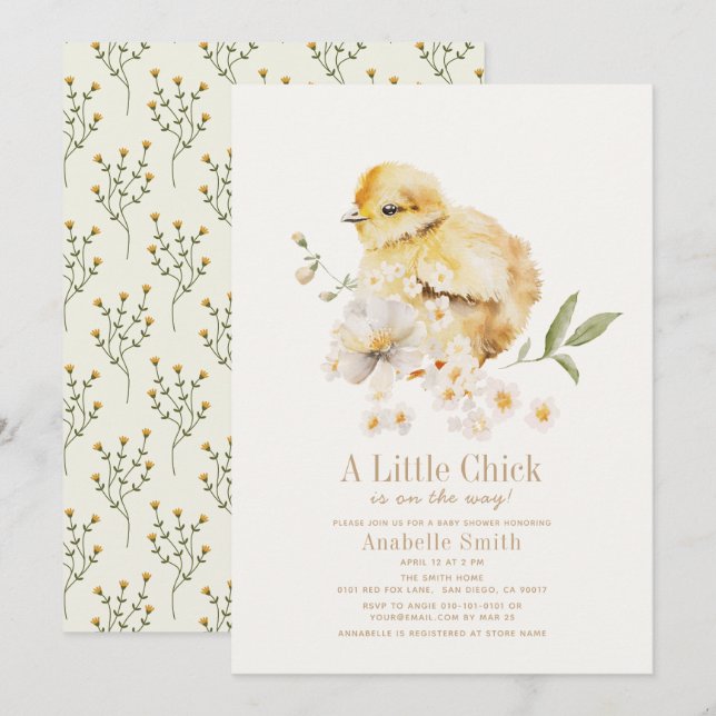 Invitation Petit Chick Aquarelle Floral Girl Baby shower (Devant / Derrière)