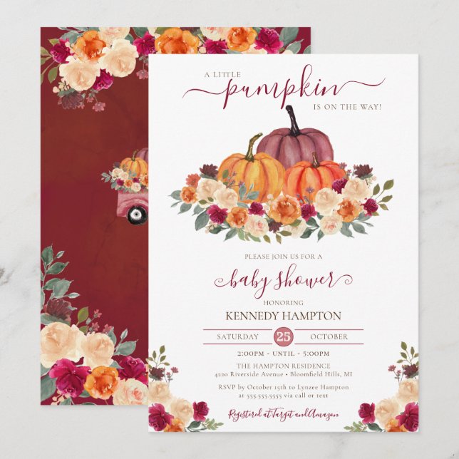 Invitation Petit Citrouille Automne Floral Baby shower d'auto (Devant / Derrière)