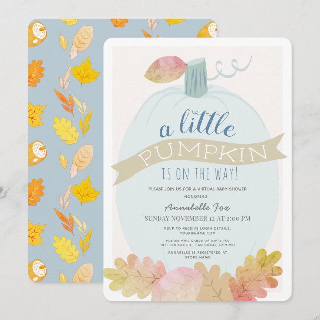 Invitation Petit Citrouille Baby Blue Baby shower virtuel (Devant / Derrière)