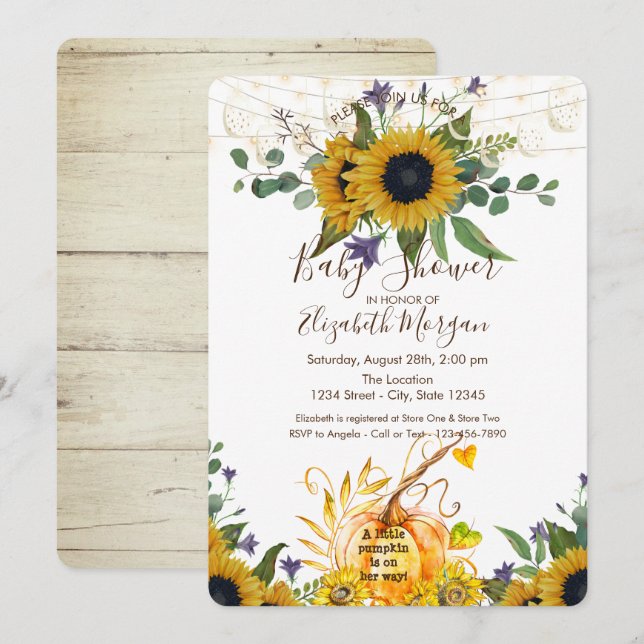 Invitation Petit Citrouille, Baby shower de tournesols en boi (Devant / Derrière)