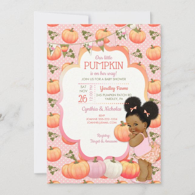 Invitation Petit Citrouille Bébé Fille Douche Tone Foncé Puff (Devant)